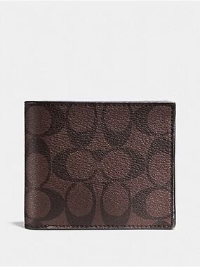 Unisex Coach Brown Signature Pattern Leather Bi-Fold Wallet